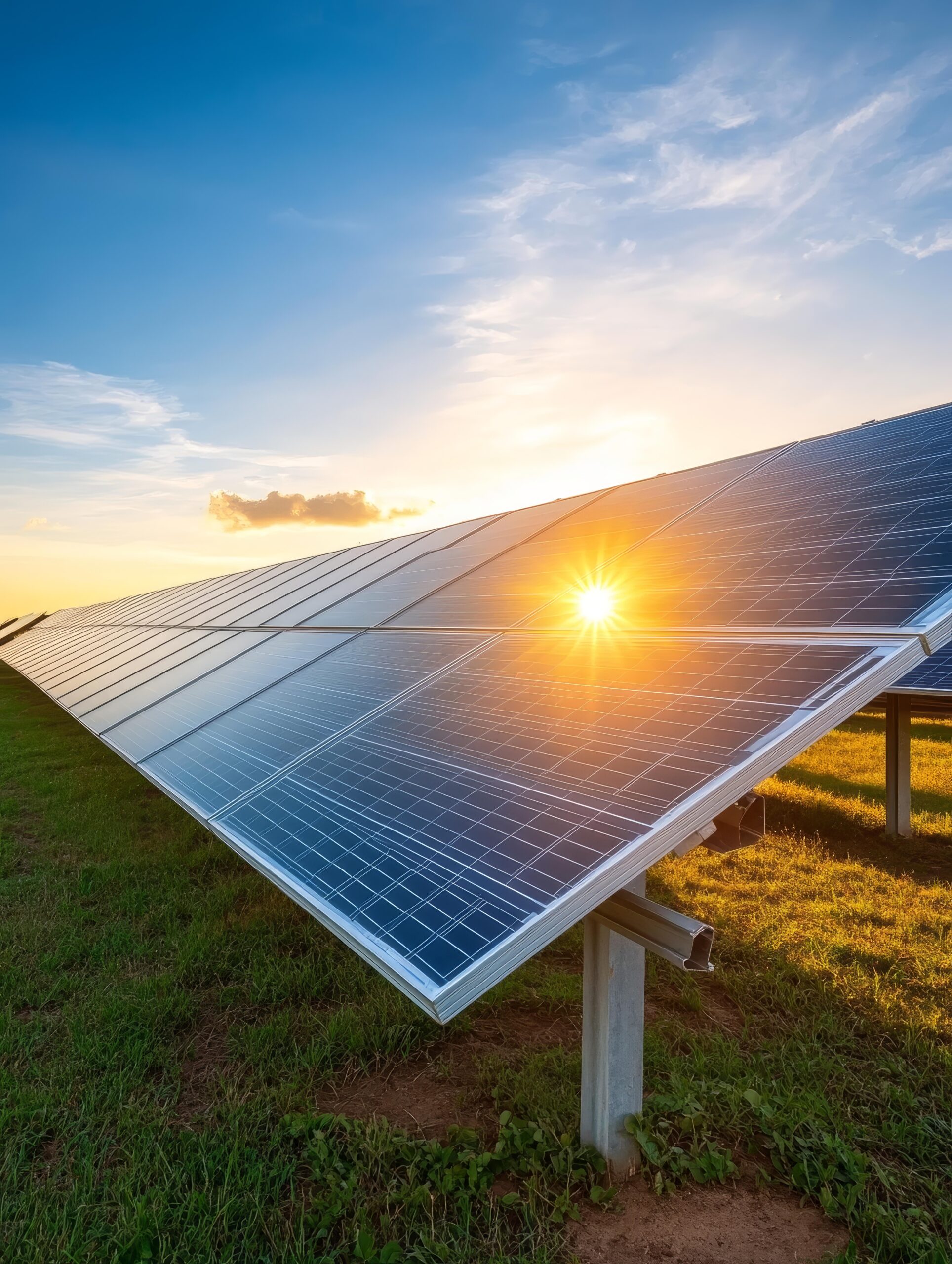 A field of solar panels basks in the golden light of sunset, symbolizing clean energy, sustainability, environmental consciousness, technological advancement, and the future of power generation.