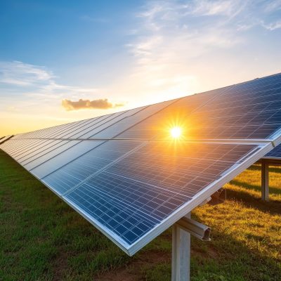 A field of solar panels basks in the golden light of sunset, symbolizing clean energy, sustainability, environmental consciousness, technological advancement, and the future of power generation.