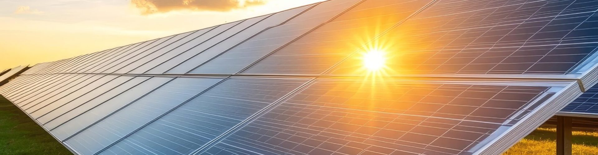 A field of solar panels basks in the golden light of sunset, symbolizing clean energy, sustainability, environmental consciousness, technological advancement, and the future of power generation.