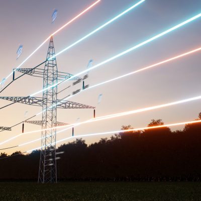 Visualization of energy stream travelling through overhead electrical transfer lines over sunset horizon sky. AR data of sustainable electricity flowing inside web of interconnected cables, 3D render