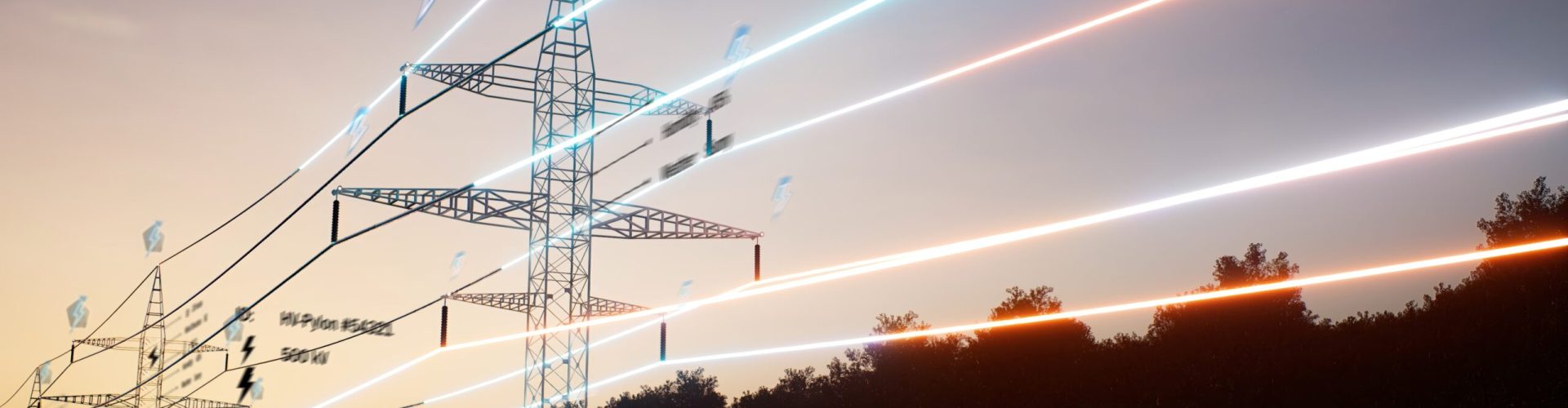 Visualization of energy stream travelling through overhead electrical transfer lines over sunset horizon sky. AR data of sustainable electricity flowing inside web of interconnected cables, 3D render